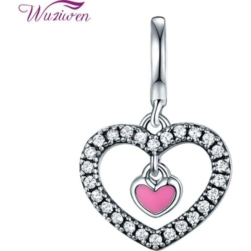 Wuziwen Double Heart Shape European Charm Beads For Women Bracelet Necklace DIY Jewelry Making 925 Sterling Silver AAAAA CZ