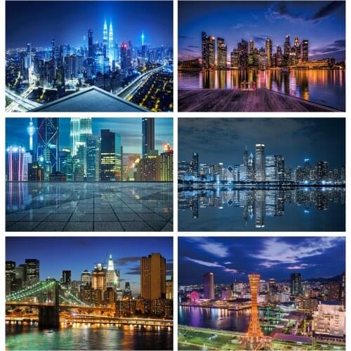 Photography Backdrop City Buildings Suburb Riverside Silhouette Light Night Scenic Photographic Background For Photo Studio