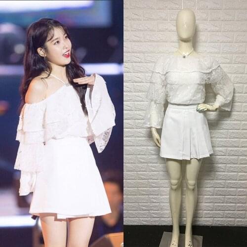 Kpop IU 2021 Hanging neck off-shoulder white lace tops and mini A-line skirt two piece female summer fashion 2 piece set clothes