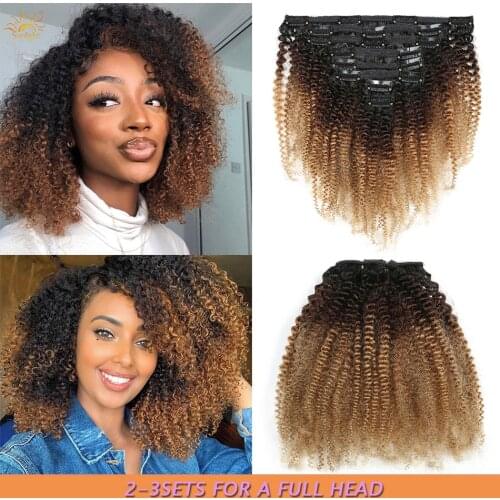 Mongolian Afro Kinky Curly Clip Ins Ombre 1b/4/27 Human Hair Extensions 8 Pcs/Set Clips In Full head Hair Extensions Remy Hair