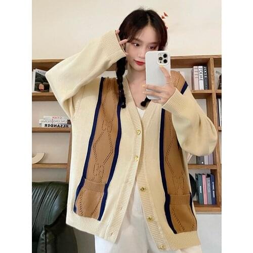 New Autumn Sweater Women Loose Cardigan Vintage Elegant Japan Style Casual Popular Pocket All-Match Patchwork Female V-Neck Coat