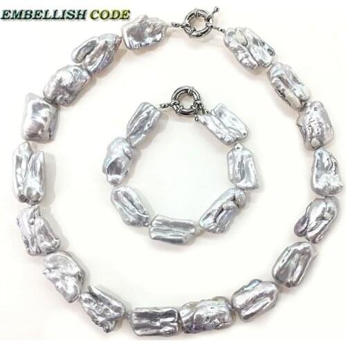 NEW gray grey color baroque pearls statement necklace bracelet set Rectangle shape freshwater pearl choker fine jewelry women