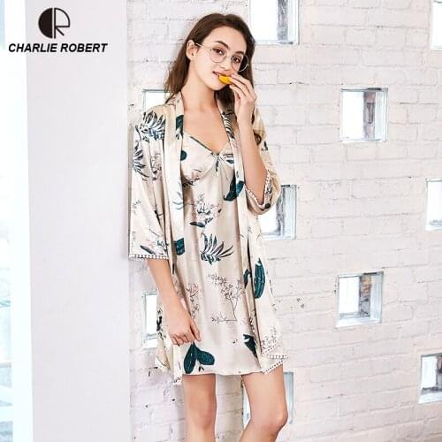 CR Silk Satin Lace Sexy Lingerie Sleepwear Bathrobe Robe Sets Robe & Nightgrown Set Pajama Sleeping Dress Robe Home wear AP553