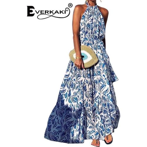 Everkaki Vintage Maxi Dresses Boho Floral Print Halter Sleeveless Elegant Party Long Dress Female Plus Size 2021 Summer Sundress