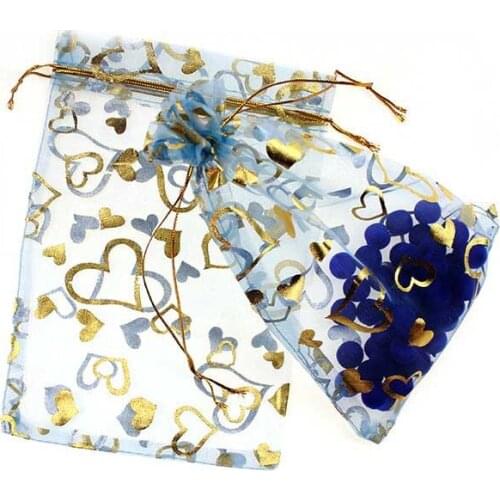 17*23cm 50pcs Light Blue Gold Heart Gift Bags For Jewelry/wedding/christmas Yarn Bag With Handles Packaging Organza Bags