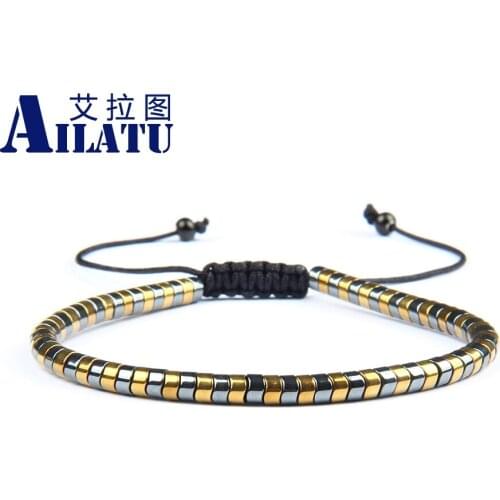 Luxurious 4mm Snake Shape Hematite Stone Bracelet Bangle Black Thread Braiding Adjustable Size Couples Jewelry