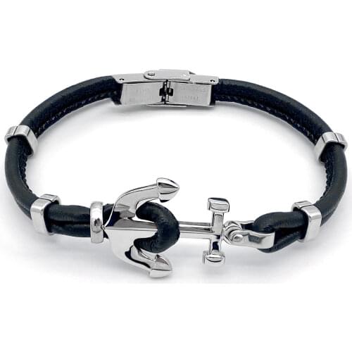 Runda Fashion MenS Black Leather Bracelet With Anchor 316L Stainless Steel Jewelry MenS Holiday Gift