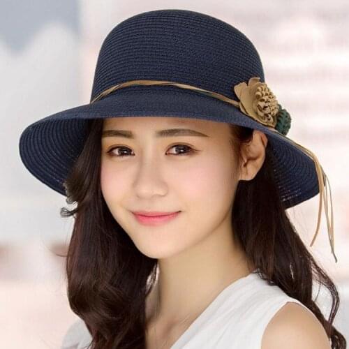 Women Summer Solid Floppy Straw Hats Flower Accessories ladies Summer Beach Sun Caps