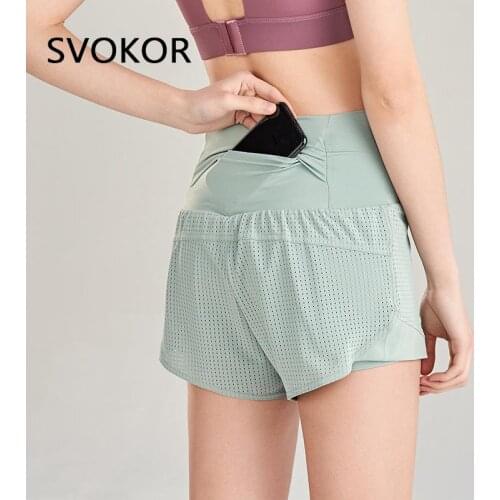 SVOKOR Hollow Out Sport Shorts Women Pocket Double Layer High Waist Fitness Shorts Running Summer Ladies Gym Short Pants Workout