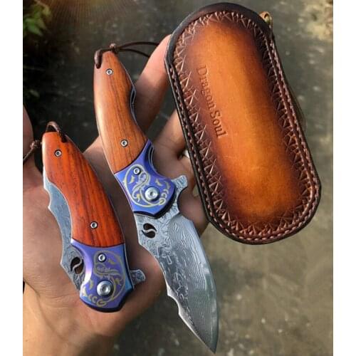 Folding knife VG10 Damascus steel Handmade forged knife hunting knife 60HRC tc4 and rosewood handle with Portable Outdoor knife