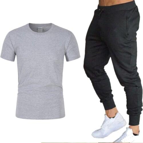 Classic Men Casual Fashion 2 PCS Sweat Suit Striped Short Sleeve T-shirt Pants Sets Male Sportswear Tracksuit Summer Sportsuit