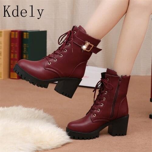 Hot Sale 2019 Women Boots Lace Up Flat Biker Combat Wine Red Boots Shoes Buckle Woman botas Women Martin Boots Size 35-39