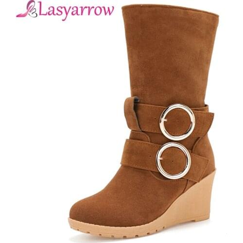 Lasyarrow Winter Boots 2018 Women Boots Wedge Mid Calf Boots Women Shoes Black Fashion Zapatos Mujer Round Toe Ladies Shoes J03