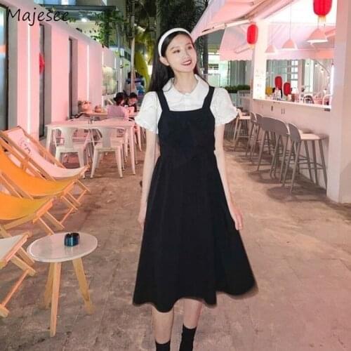 Sweet Dress Sets Women Summer Preppy Shirts Short Sleeve Fashion Ruffles Strap Bow Elegant Students Girls Party Knee-length New