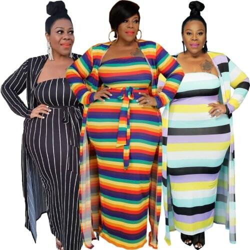 Plus Size 5XL Fall Winter Striped 2 Piece Set Off Shoulder Skinny Maxi Dresses Long Sleeve Cardigan Women Sexy Matching Sets
