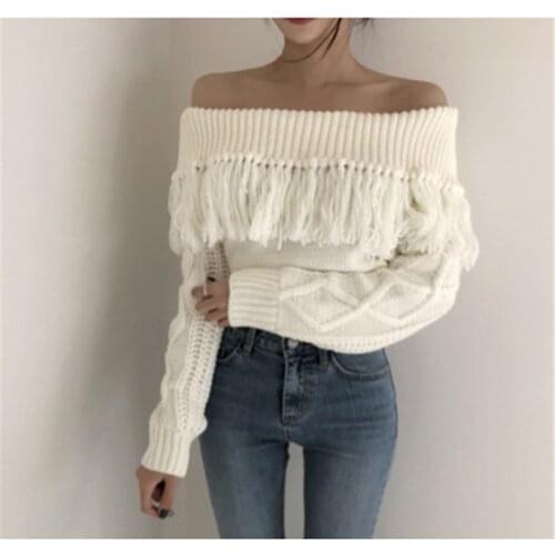 Women Casual Sweater 2020 Korean Vintage Sexy Tassel Slash Neck Knitted Sweaters Solid Off Shoulder Pullovers Tops