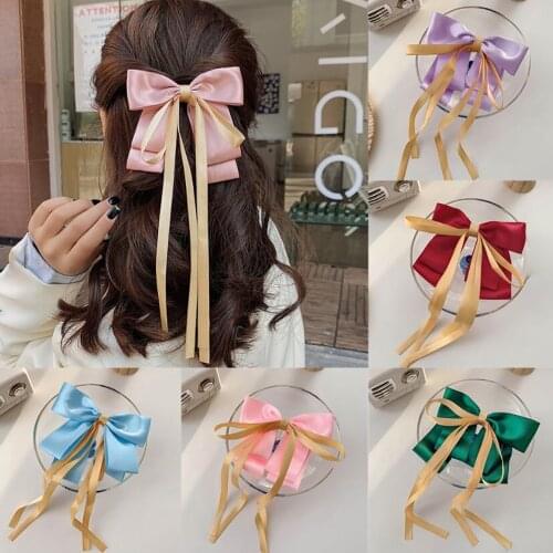 2021 Lovely Hair Accessories for Girls Women Kids Long Ribbon Solid Hair Bows Clips Cute Silk Ins Fashion Hair Pins
