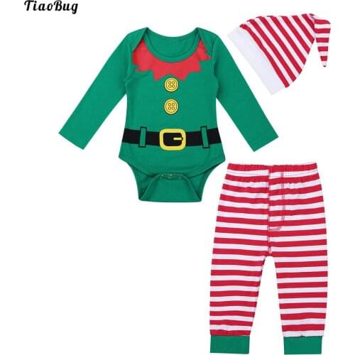 TiaoBug Spring Autumn Unisex Infant Baby Boys Girls Christmas Outfit Long Sleeves Digital Printed Romper With Striped Pants Hat