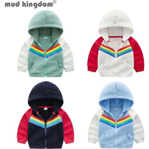 Mudkingdom Zipper Hooded Sweatshirt Boys Fashion Patchwork Pockets Long Sleeve Print Rainbow Tops Kids Clothes for Spring Autumn