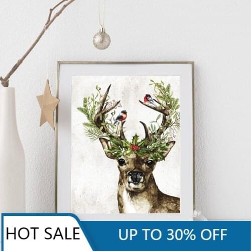 Woodland Animal Deer Canvas Painting Print Winter Holly Berries Christmas Holiday Wall Art Decoration Poster Room Decor Gifts