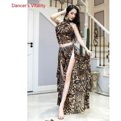 Belly Dance Suit Mesh Leopard Print Top Split Long Pants Practice Clothes Set Female Adult Elegant Performance Clothing