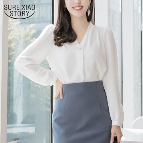 Fashion Elegant White Blouse Women Pullover Office Lady Chiffon Blouse Women 2021 Solid Casual Long Sleeve Shirt Top Mujer 11277