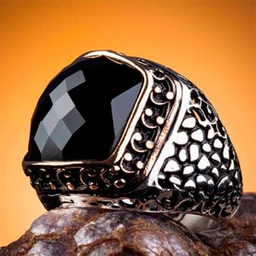 Vintage Turkish Jewelry Original Pure 925 Sterling Silver Ring For Man Real Black Zircon Natural Stone Patterned Handmade