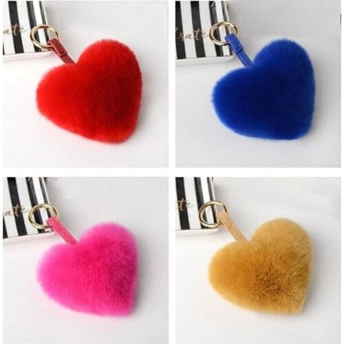 Genuine rabbit fur Lovely Heart Shaped Pom Poms Rabbit Fur Ball Bag Car Key Ring fashion Keychain Jewelry Gift