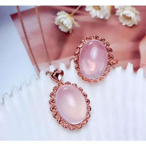 Real Natural Rose Quartz jewelry set Natural Real Rose Quartz 925 sterling silver 1pc pendant,1pc ring