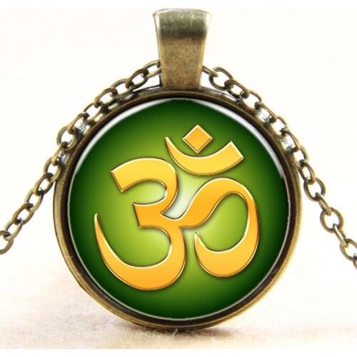 OM Namaste Yoga Fashion Pendant Necklace Glass Cabochon Vintage Bronze Accessories Statement Chain Necklace for Women Jewelry