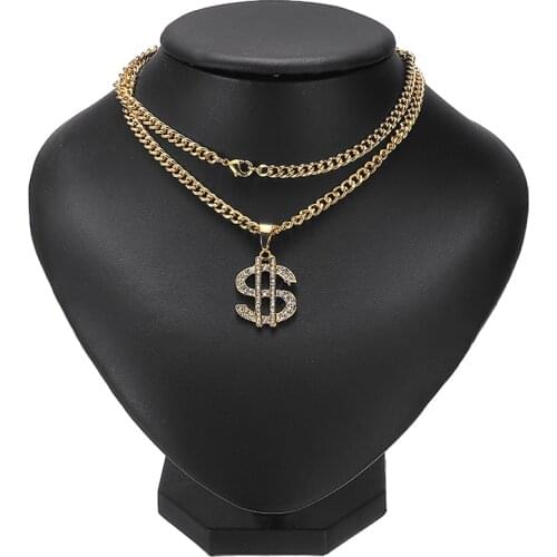 Crystal US Dollar Pendant Necklace Men Hip Hop Gold Color Jewelry Classic Cuban Chain $ Money Sign Necklace Women Rock Jewelry