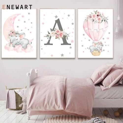 Dropshipping personalized Canvas Painting for Girls Bedroom Decoration Pink Flowers Elephant Nursery Art Print Poster Decor