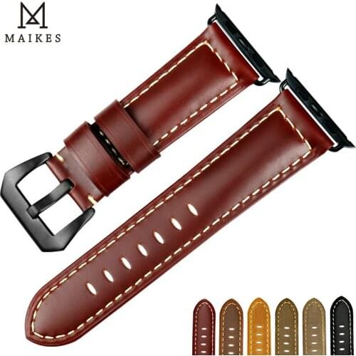 MAIKES Genuine cow leather watchbands black watch bracelet watch strap For Apple watch band 44mm 40mm 42mm 38mm iwatch