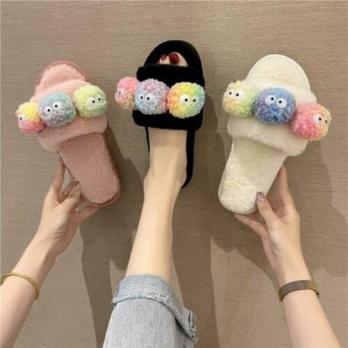 Winter Women House Slippers Faux Fur Fashion Warm Shoes Woman Slip On Flats Female Slides Black White Cozy Home Fuzzy Slippers
