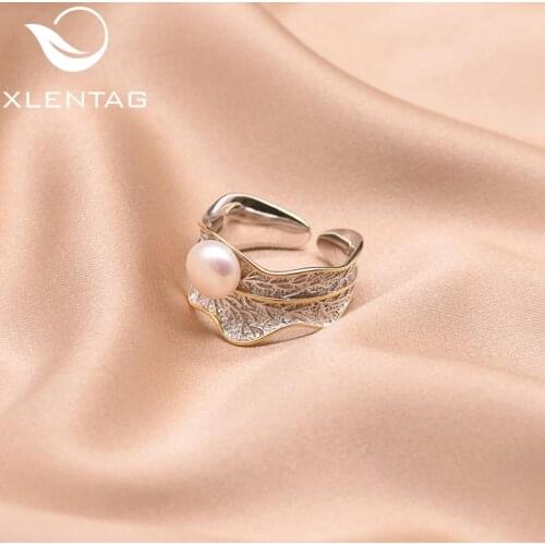 XlentAg Natural Fresh Water White Pearl Leaf Shape 925 Silver Ring For Women Girl Lovers'Wedding Engagement Anillos Mujer GR0256
