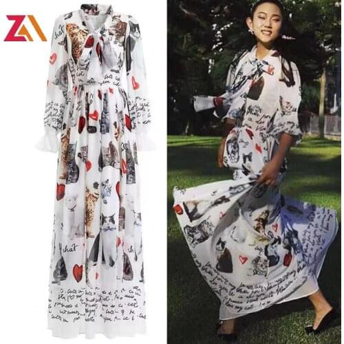 ZALady designer runway party beach maxi dresses for women fashion elegant cat printed bow basic zevity dress festival clothing