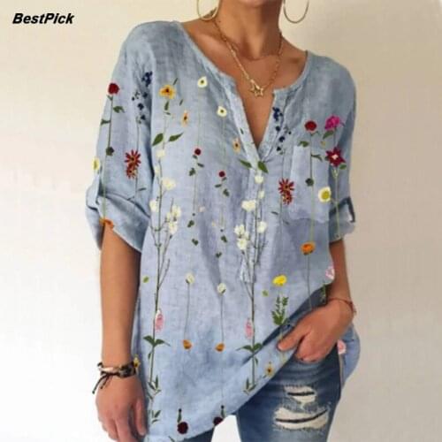 2021 New Women Cotton Linen Blouses Casual Leaf Printed Shirts Elegant V Neck Tops Vintage Holiday Short Sleeve Fashion Blusas