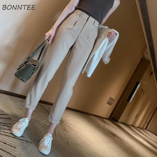 Pants Women Summer New Korean Style High Waist Ankle-Length Harem Trouser Simple All-match Solid Baggy Vintage Student OL Trendy