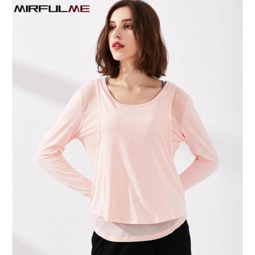 Women Sport T-shirts Female Fake Two Piece Yoga Shirts Mesh Running T-shirt Elastic Fitness Shirts Loose Tops Gym Workout Blouse