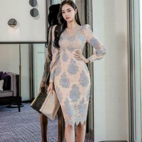 Womens 2021 Fashion Floral Lace V Neck Puff Sleeve Hip Package Pencil Dress