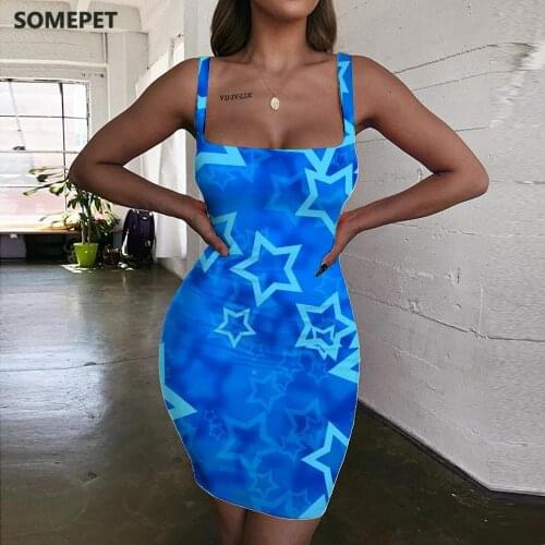SOMEPET Dark Blue Dresses Women Star Ladies Dresses Abstract Halter Sleeveless Harajuku Sundress Womens Clothing Plus Size Short