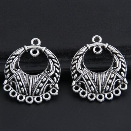 20pcs Silver Color Hollow Round Earings Charms With Hole Pendant For Women Making Jewelry Accessories Crafts 29x12mm A3035