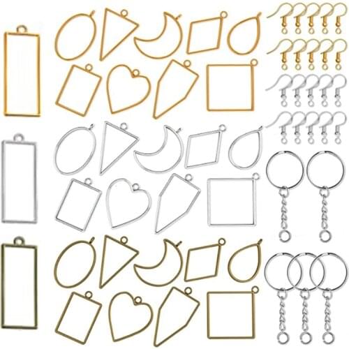55 Pcs UV Epoxy Hollow Frames Resin Craft Open Bezels Pendants with Keychain Rings and Earring Hooks for Jewelry Making