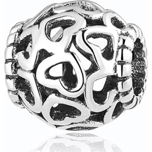 Authentic S925 Beads fit Pandora Bracelet Bangle Vintage Openwork Open Your Heart Charms DIY Jewelry Making