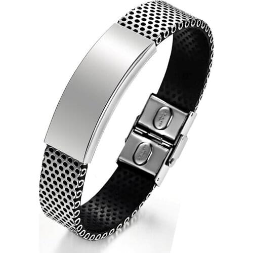 Cyue European Fashion Punk Retro Black PU Leather Bracelet Stainless Steel Charm Wristbands For Men Jewelry