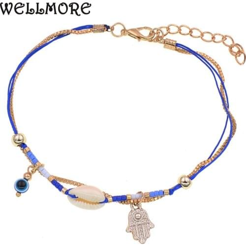 WELLMORE handmade bohemia shell anklets for women eye Beaded anklets Chain anklets bracelets Female fashion jewelry wholesale
