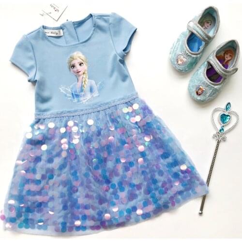 Disney Childrens Clothing 2021 Frozen Anna Aisha Princess Dress 3-8 Years Old Girls Dress Magic Wand Crown