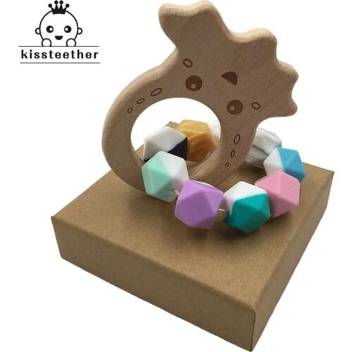 Silicone Teething Ring Infant Baby Bracelet Beaded Bangle Silicone Teether Octopus Beech Wood Teether Ring Toys Kids Chew Toy