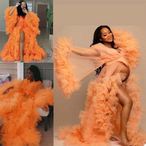 Elegant Ruffles Maternity Dress Plus Size Orange Night Robe Photography Dress For Women Party Sleepwear Jackets Celebrity Dress