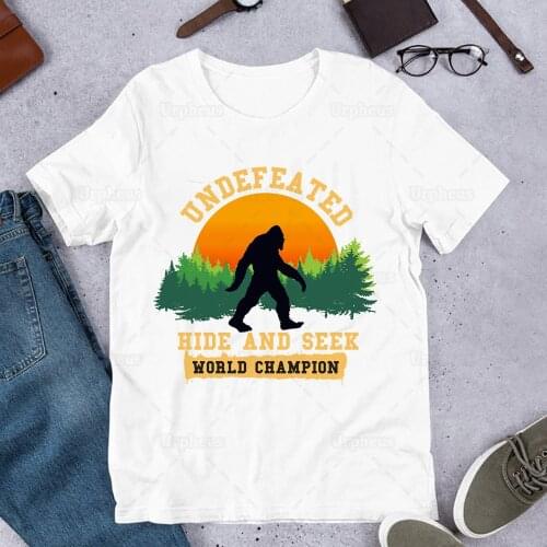 100% Cotton Undefeated Bigfoot Tshirt Hide and Seek World Champion Funny Sasquatch Tees Top Shirt